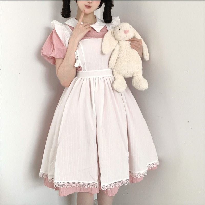 Long Pink White Maid Dress wit - Vintage Fashion Dresses review and price